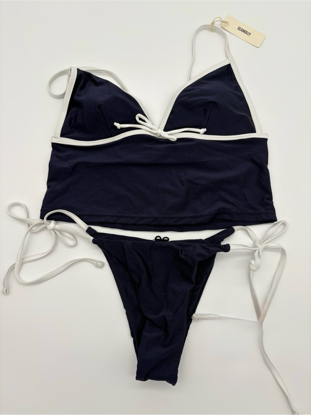 Seafolly Navy and White Trim Triangle Tankini with Tie-Side Bikini Bottoms NWT